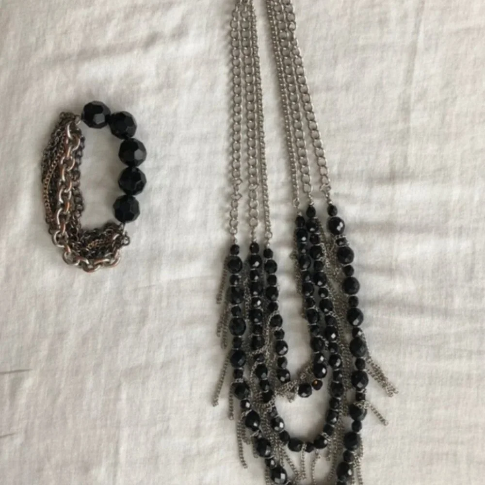 Fringe Necklace & bracelet black CRYSTAL GEMS NWOT - Picture 1 of 10